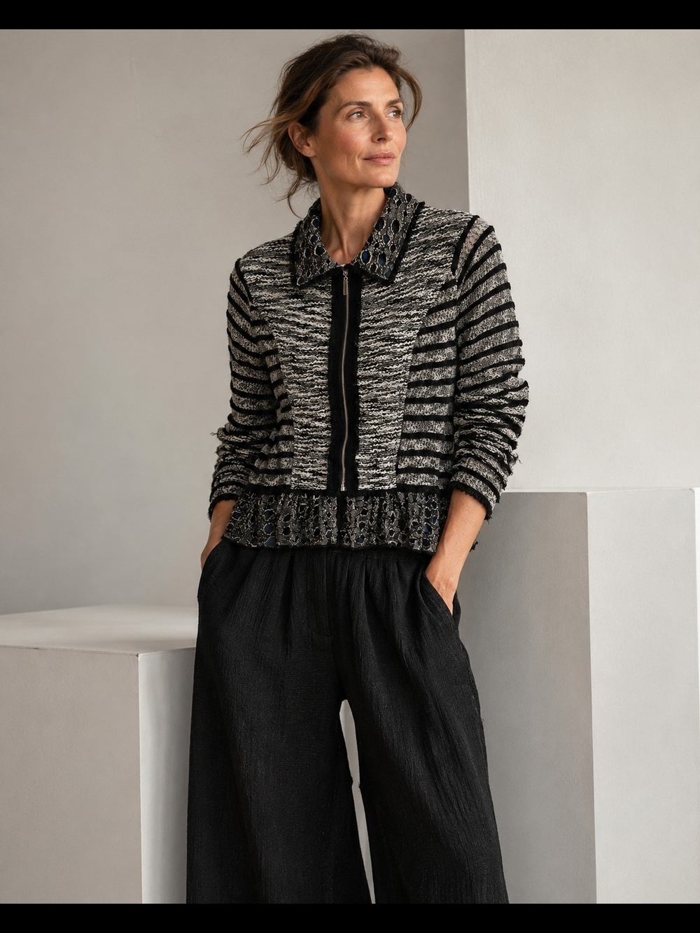 Cativa Textured Knit Zip Jacket M Black White Boho Avant Garde Office Streetwear